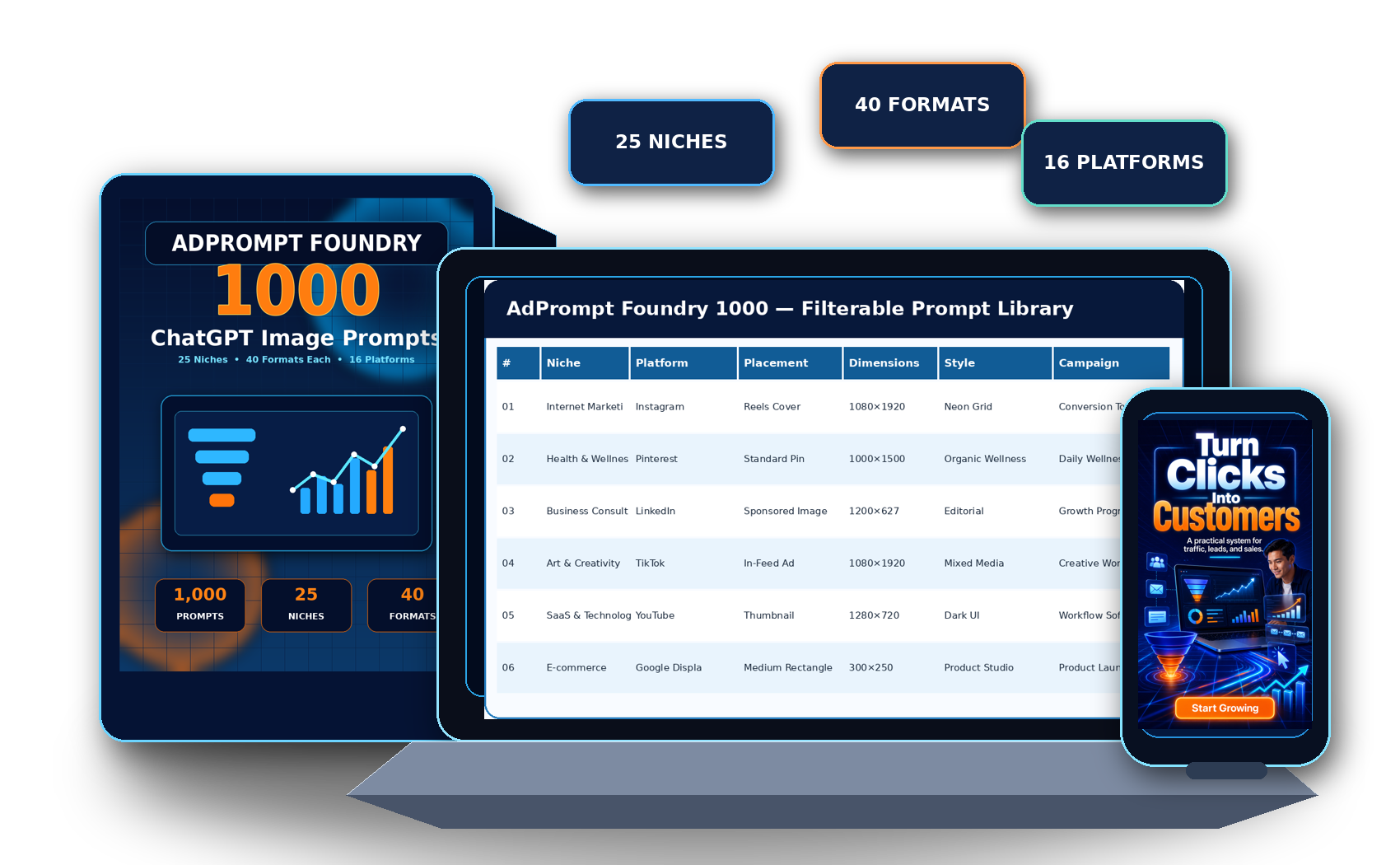 AdPrompt Foundry 1000 product bundle with workbook, spreadsheet, laptop and mobile ad example