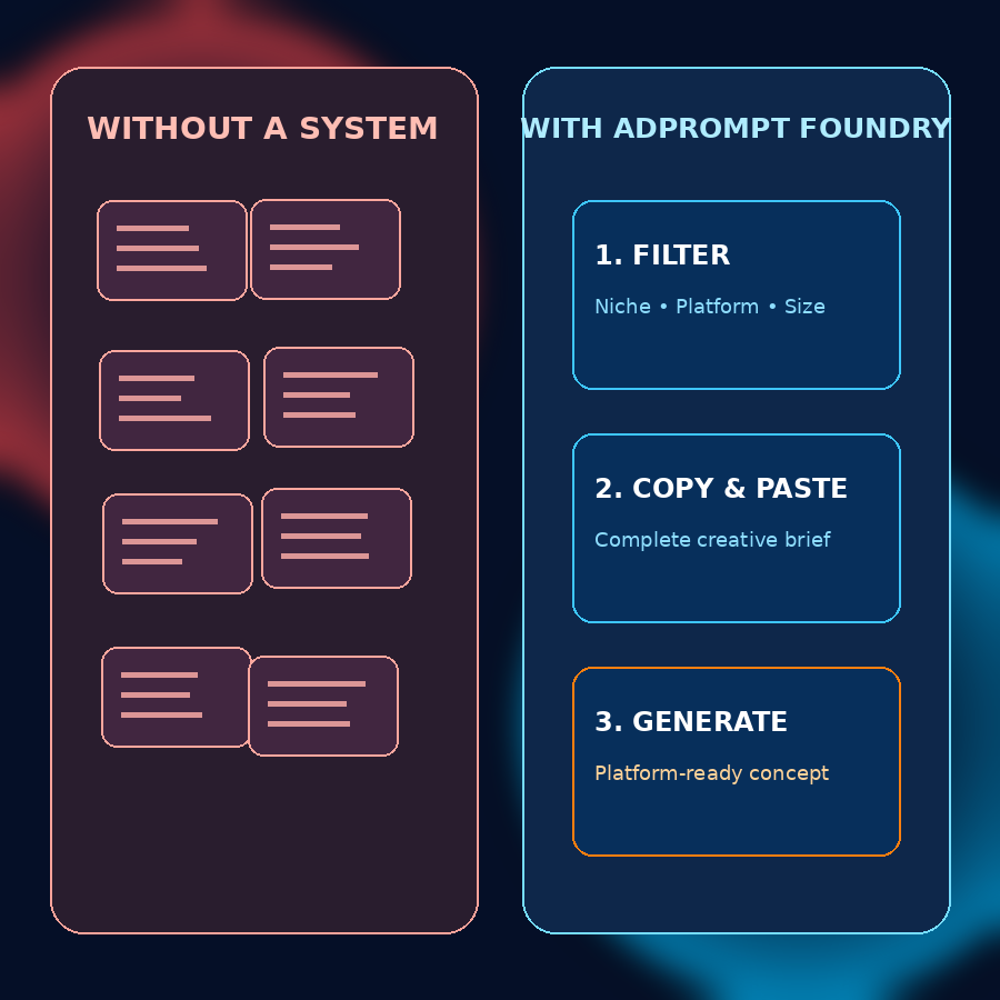 Comparison between creating ads without a prompt system and with AdPrompt Foundry