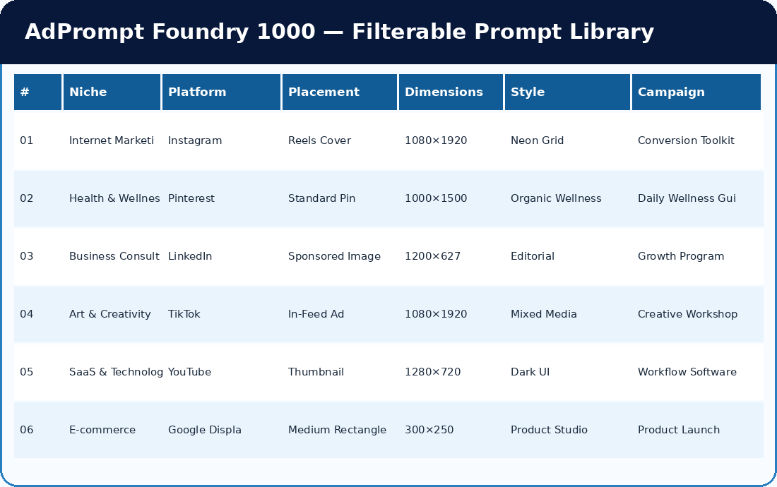 Preview of the filterable AdPrompt Foundry prompt spreadsheet